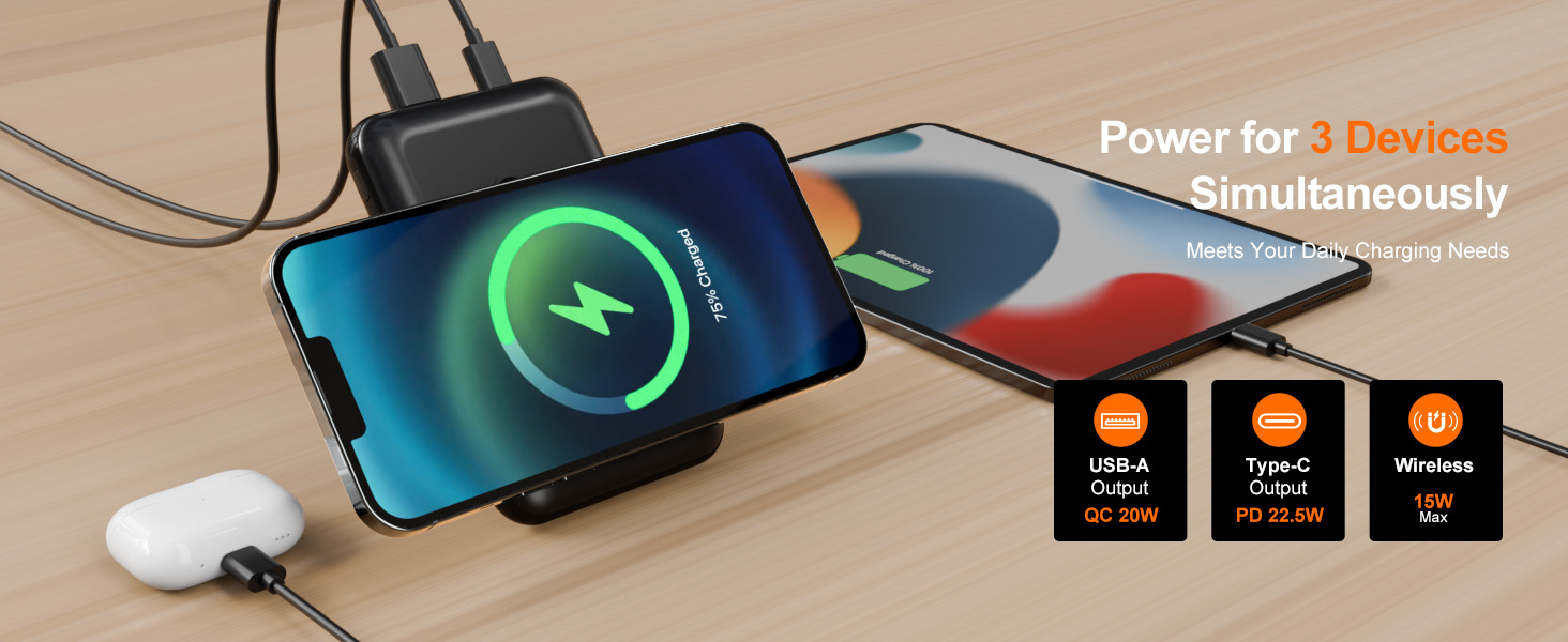 Портативний зарядний пристрій 20000mAh з MagSafe, PD 22.5W, USB-A, магнітне підключення, бездротова зарядка 15W, LED дисплей, чорний