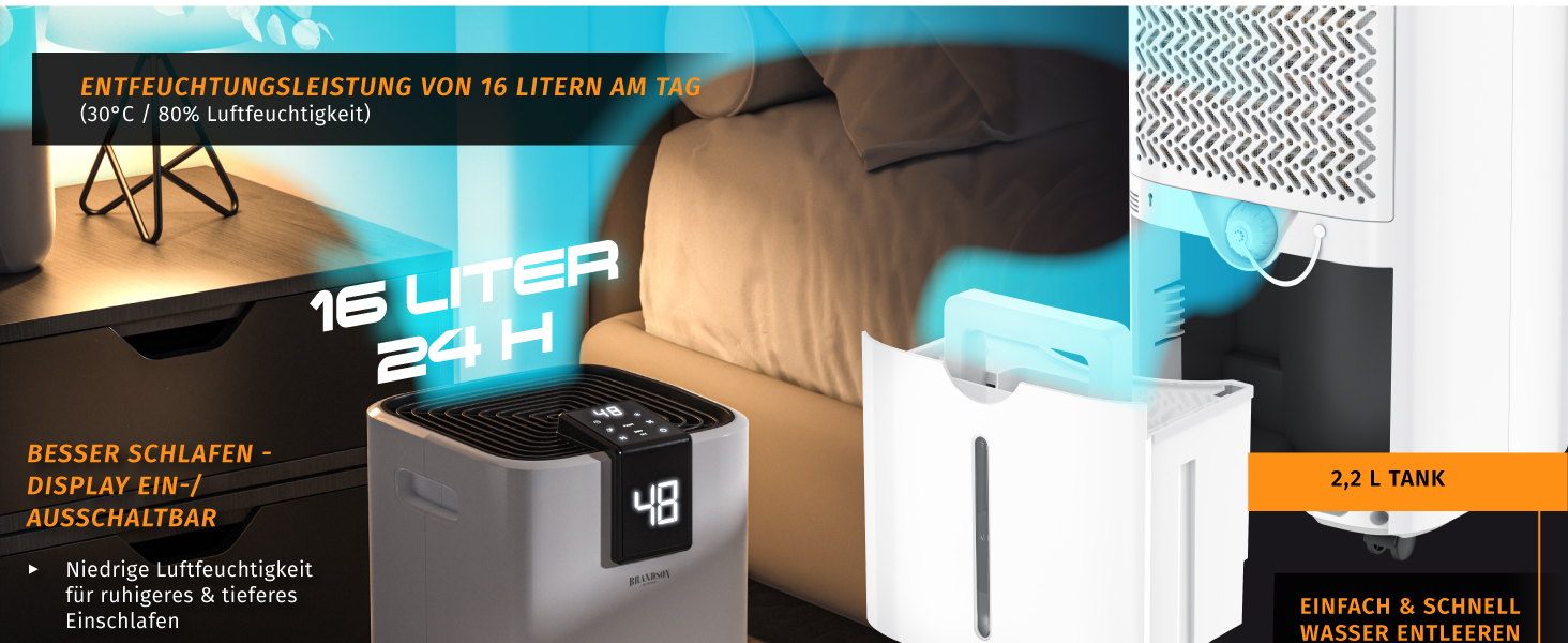 Електричний осушувач повітря Brandson 16L з компресором – 16 літрів/24 години – тихий – дисплей – для спальні, ванної, підвалу
