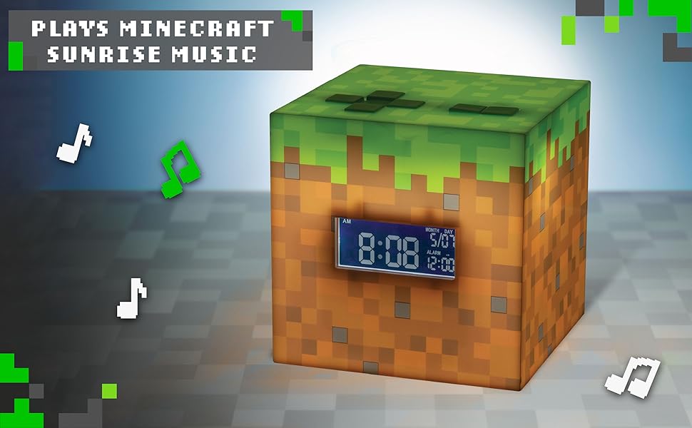 Будильник Minecraft Grasblock: офіційно ліцензований, з підсвіткою, відтворює музику з гри, декор для кімнати геймера Minecraft, 13 x 13 см, зелений