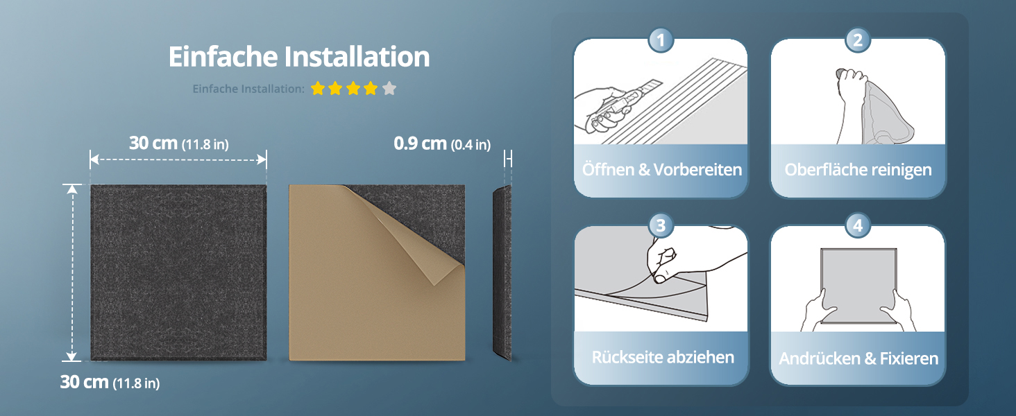 Самоклеючі акустичні панелі з фетру для звукоізоляції стін, стелі та дверей, 12 шт (30x30x0.9 см), 1.08㎡, темно-сірі — шумопоглинаючі плити для студії, вітальні та офісу