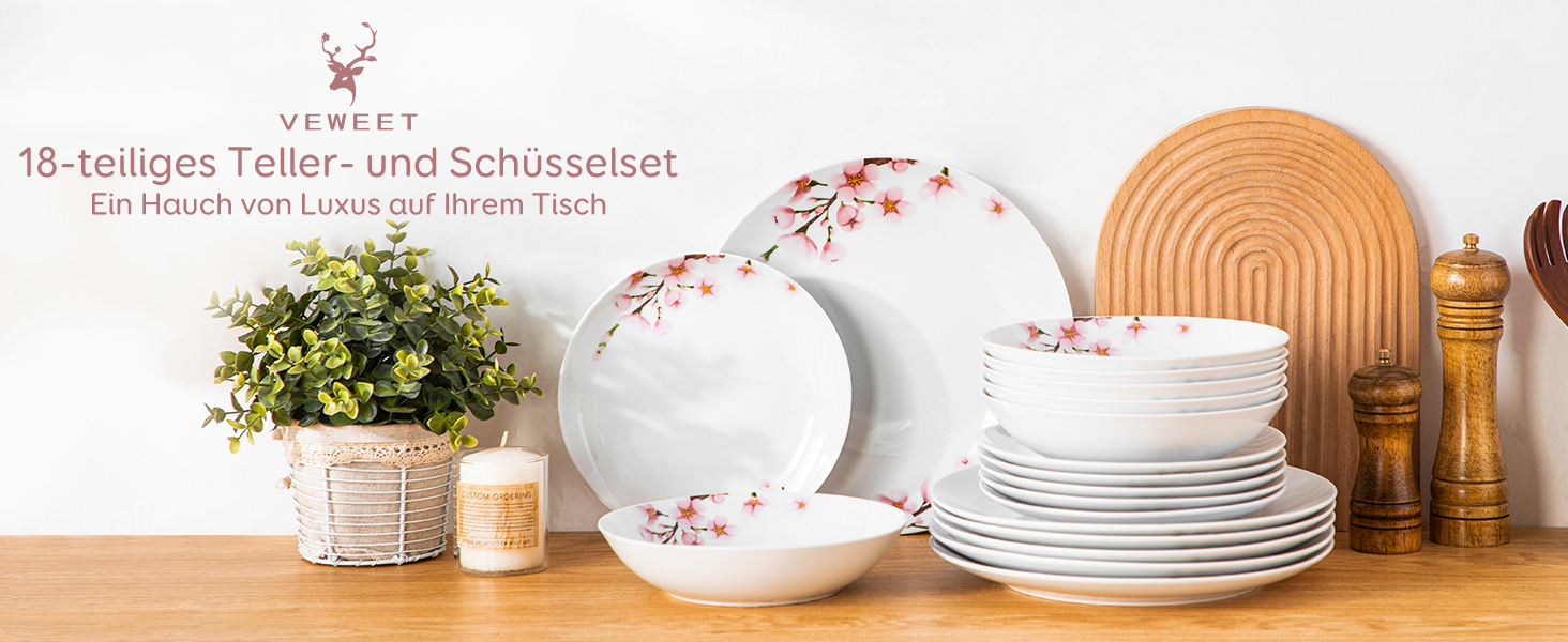 VEWEET ANNIE Набір посуду 18 предметів на 6 осіб, сучасний сервіз з порцеляни, 6 тарілок для їжі, десерту та супу, сервіз Annie