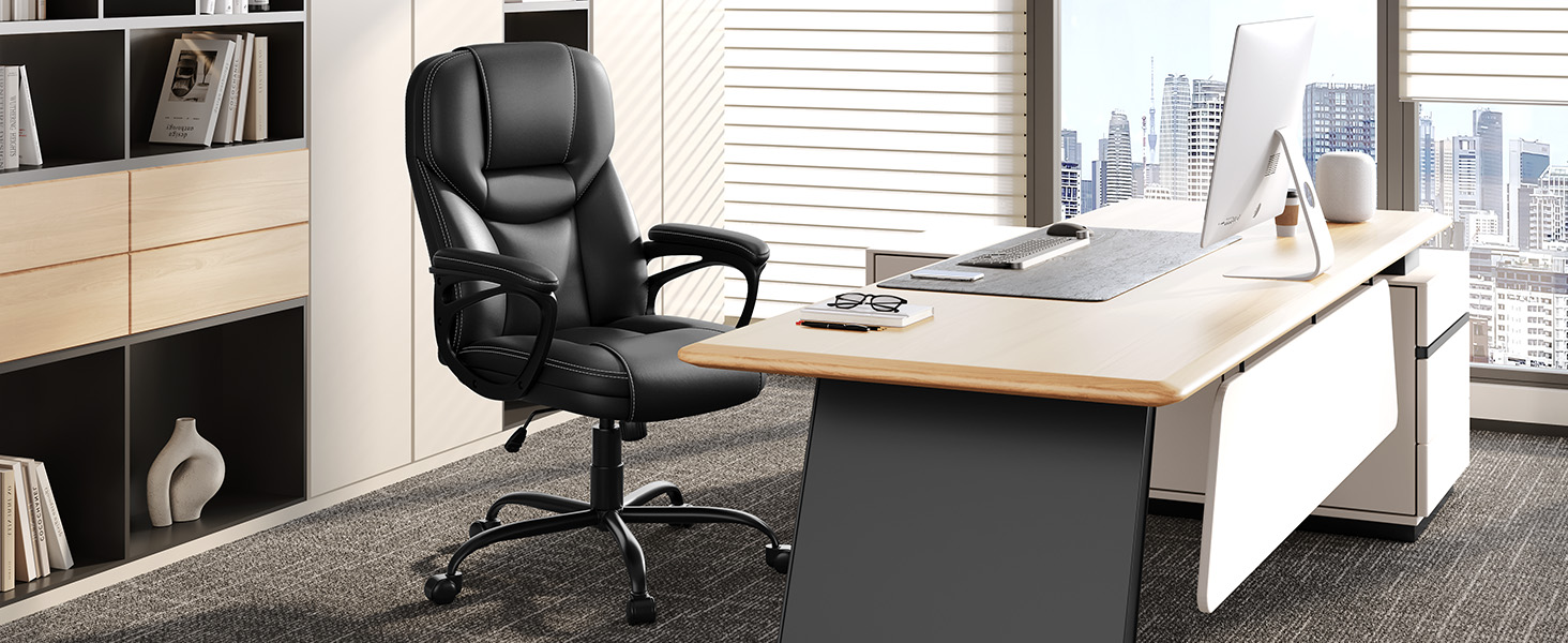 Офісне крісло Yaheetech - зручний комп'ютерний стілець з високою спинкою, регульована висота, штучна шкіра, м'який матеріал, чорний колір