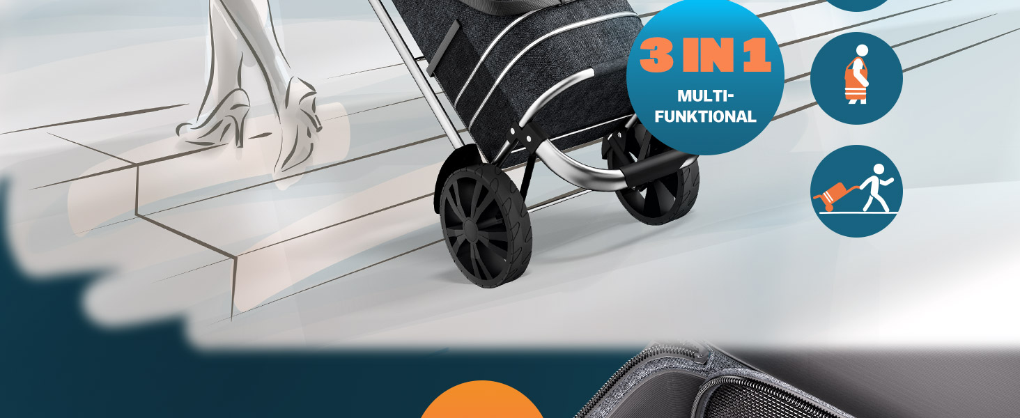 MONZANA® Тріо-тележка для покупок 56л, до 50 кг, складана, знімний мішок, ручний вагончик, допомога у покупках, чорна