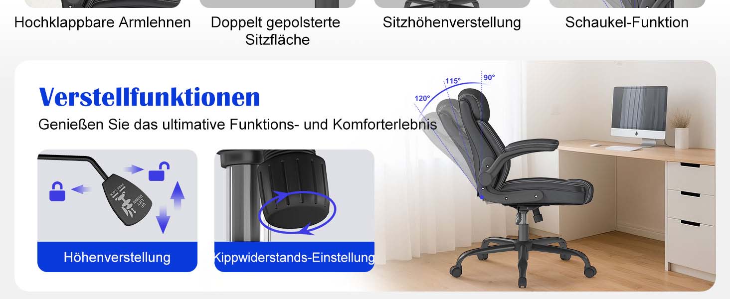 Офісний крісло AnyGod з шкіри, регульовані підлокітники, поворотне, для дому та офісу, до 136 кг, чорне