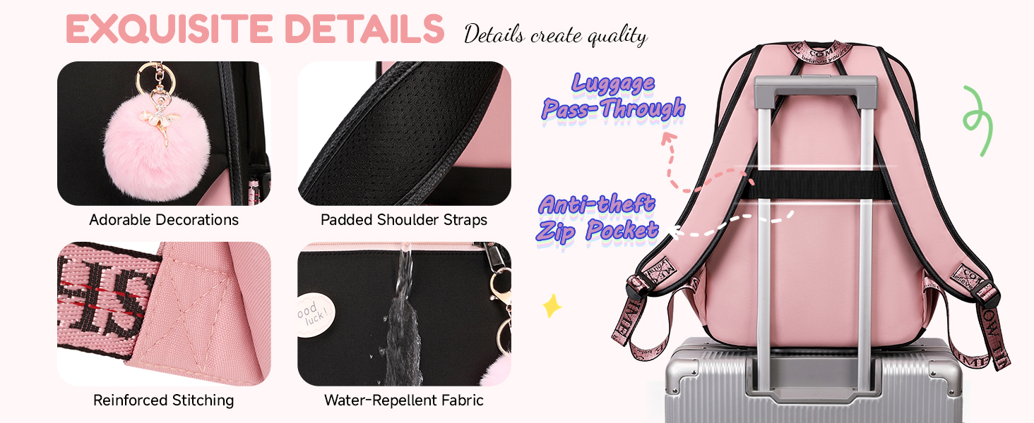 Рюкзак для дівчинки-підлітка, 3-5 клас, модний шкільний рюкзак з брелоком та ручкою-телескопом, рожевий