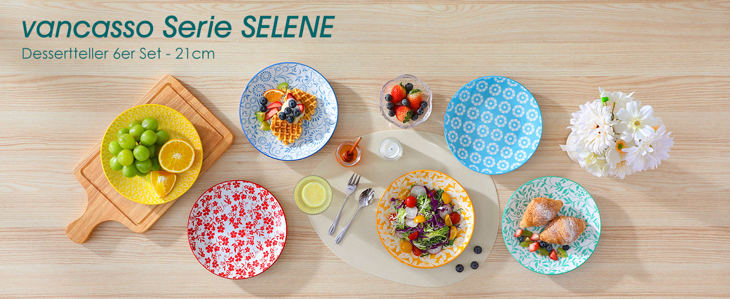 Набір посуду Vancasso Selene для 6 осіб, 24 елементи, пастелеве порцелянове покриття. Включає: 6 тарілок, 6 тарілок для десерту, 6 супових тарілок, 6 мисок. Підходить для мікрохвильової печі.