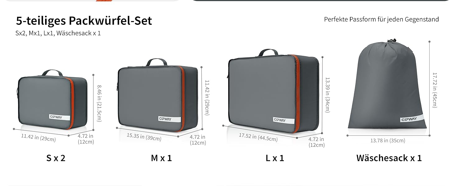 Органайзер для валізи Cipway, 5 частин: кубики для одягу, нейлон, сірий. Підходить для ручної поклажі