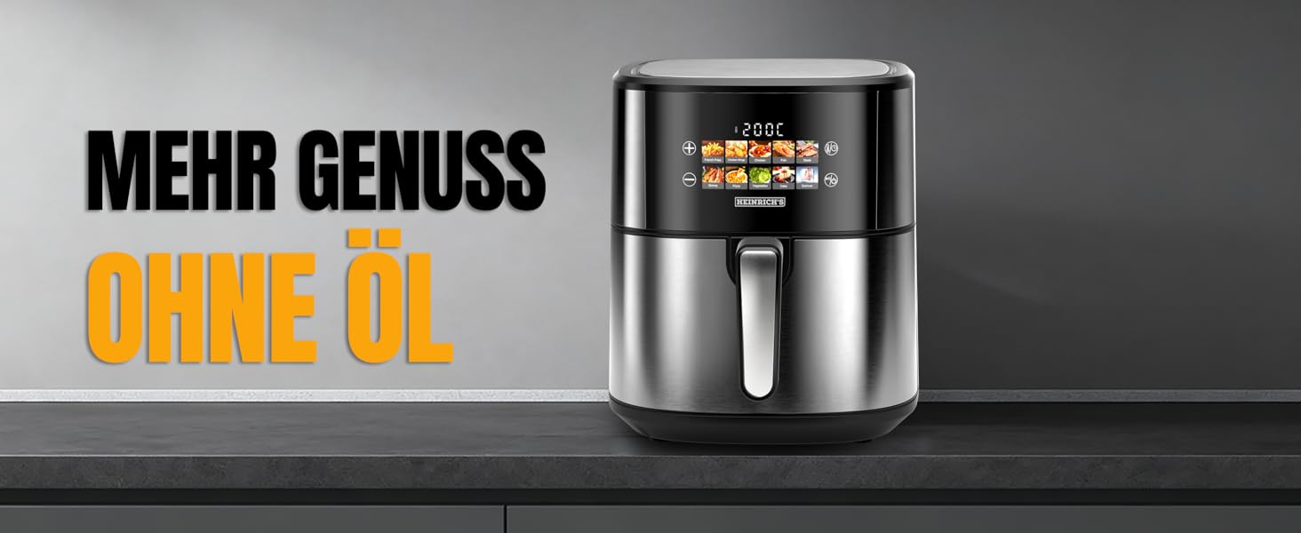 Фритюрниця повітряна HEINRICHS 9 літрів XXL з LED-дисплеєм, 10-в-1, 1800W, для здорового харчування, з таймером