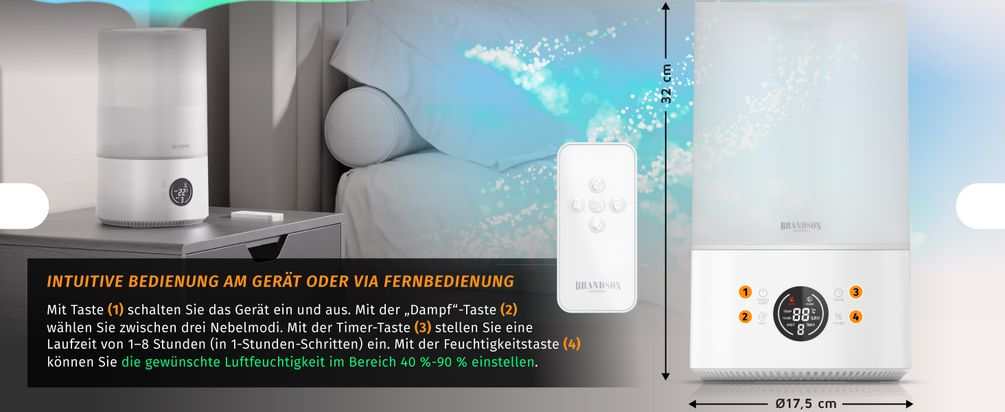 Зволожувач повітря Brandson з цифровим дисплеєм та пультом дистанційного керування, 4.2 л, таймер, 3 режими туману, тиха робота, функція Sleep, для спальні, дитячої кімнати, офісу