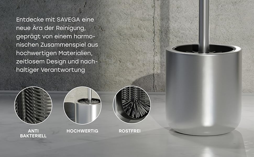 Набір для туалету SAVEGA: щітка для унітазу з нержавіючої сталі та силікону з підставкою, антибактеріальна головка, WC-газетниця, сріблястий колір