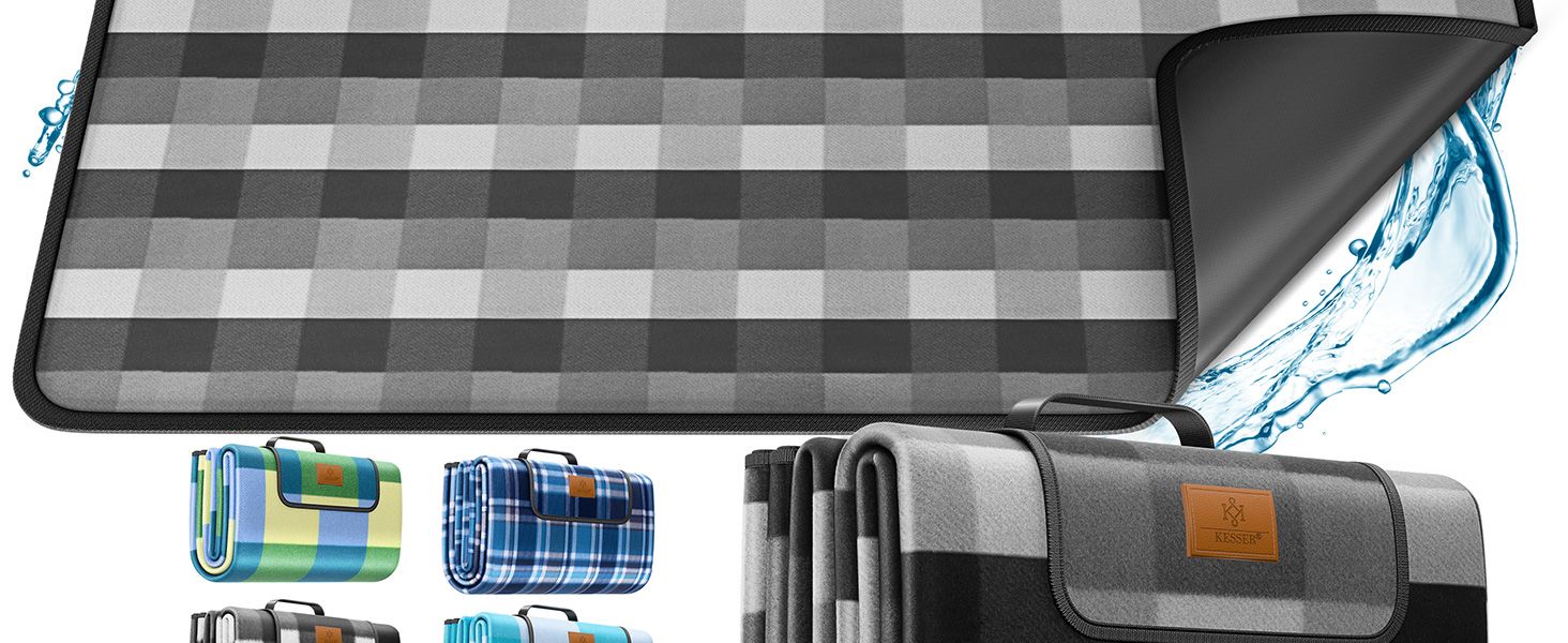 KESSER® Picnic Blanket Camping Blanket XXL 200 x 200 cm - Warm-insulated with waterproof underside, carrying handle. Foldable beach blanket, picnic blankets for 4-6 people. Washable picnic blanket.