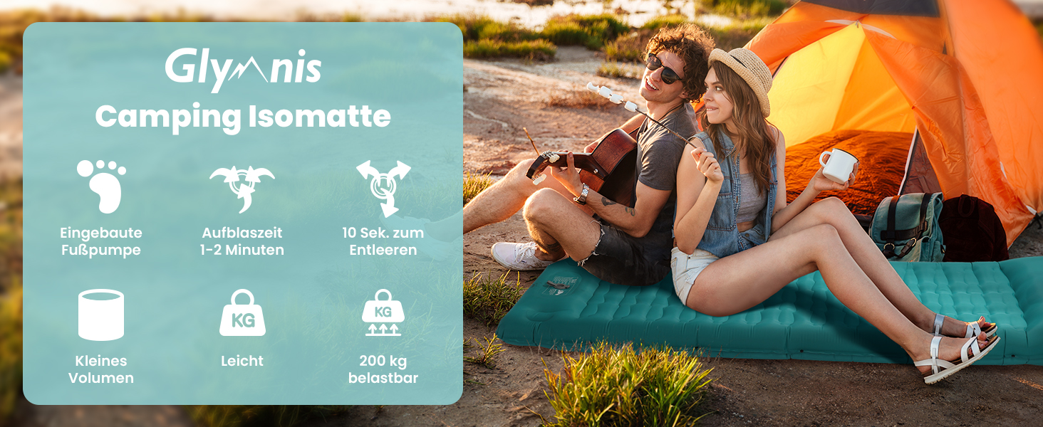 Glymnis Isomatte Camping Air Mattress - 9cm Thick, with Foot Pump & Pillow - Ultralight Outdoor Sleeping Pad for Camping, Hiking, Travel - Army Green/Turquoise
