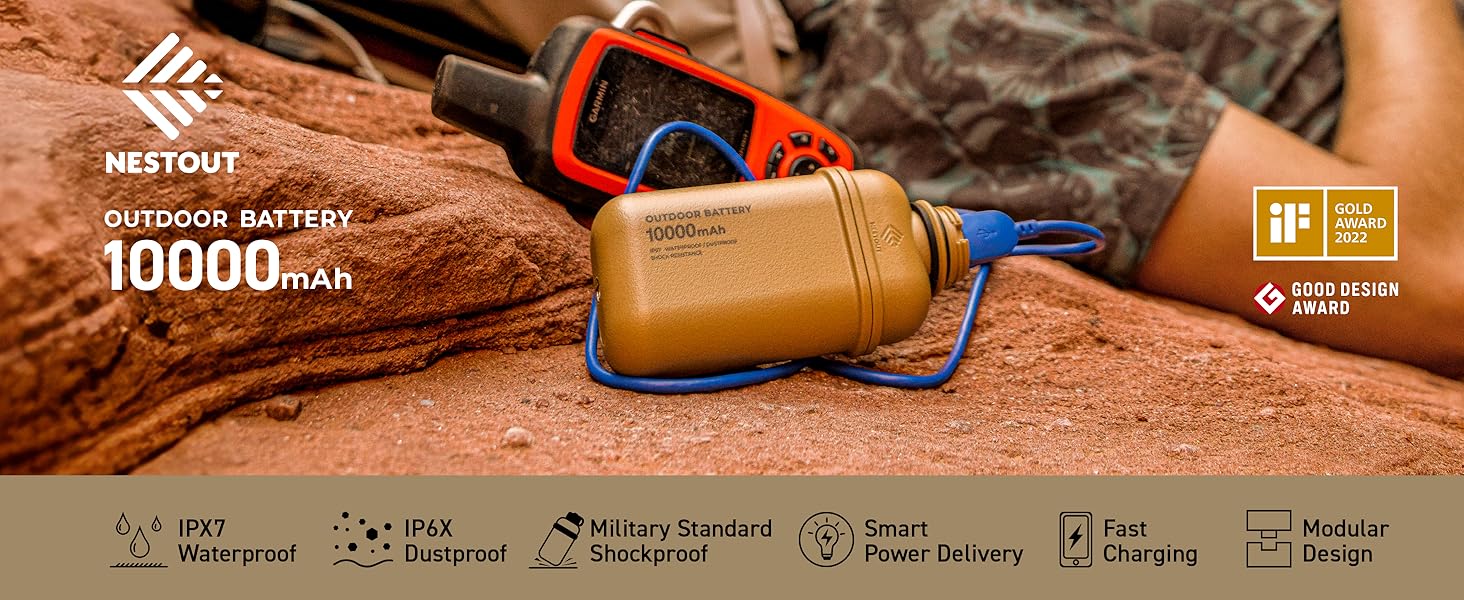 Портативний зарядний пристрій ELECOM NESTOUT: 10000mAh, водонепроникний IP67, ударостійкий, для iPhone, iPad, Android. Швидка зарядка 20W USB-C PD. Ідеально для туризму, кемпінгу та подорожей.