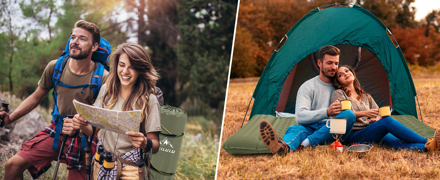 IEEILULU Self-Inflating Camping Mat for 2 People - 196x140cm Sleeping Pad with 12cm Thickness - Ideal for Outdoor Hiking, Tent, and Backpacking (Green)