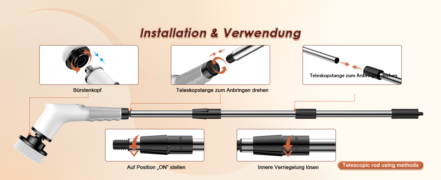 Електрична щітка для прибирання 8-в-1 з набором насадок, для ванної, кухні, авто, підлоги (червона)