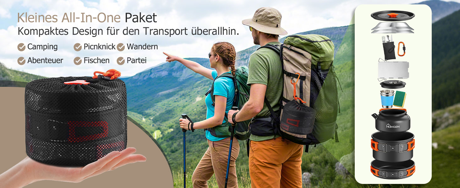 Набір кухонного посуду для кемпінгу HOMGEN: каструлі та сковорідки з алюмінію, легкий, для 2-3 осіб, з сумкою, для кемпінгу, пікніків, походів