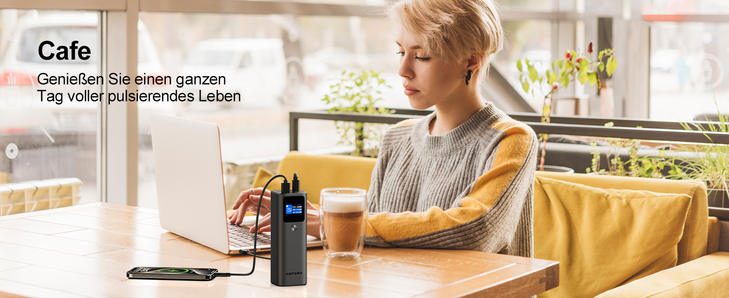 Power Bank AsperX 20000mAh, 165W, USB-C Кабель, для MacBook, Dell, HP, Lenovo, iPad, iPhone, Galaxy