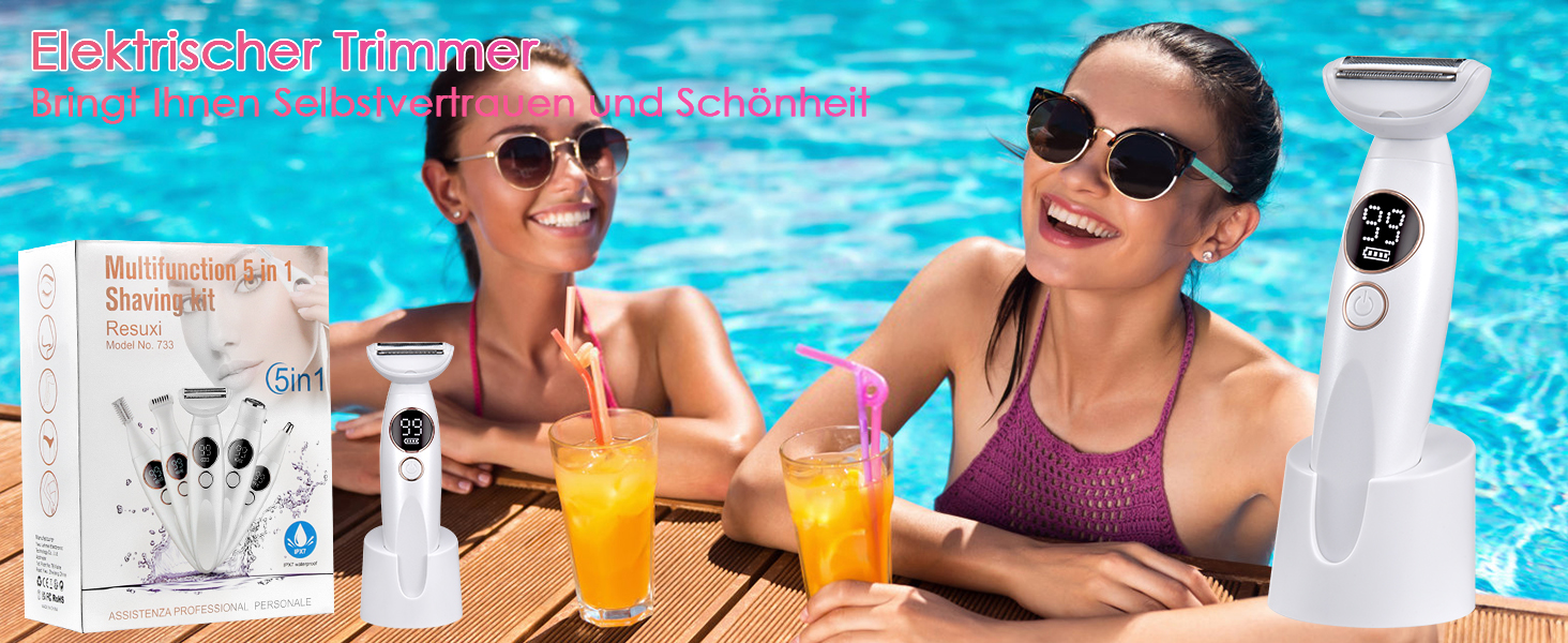 Електричний жіночий епілятор 5-в-1 з 3 насадками для бікіні, обличчя та тіла, водонепроникний (IPX7)