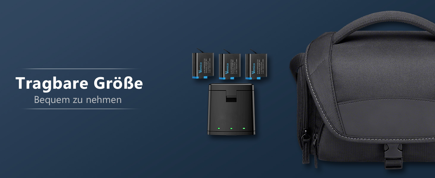 Зарядний комплект Vemico Hero 8: 3 акумулятори 1500 mAh, 3-канальна зарядна станція з Type-C USB, захисний ковпачок, сумісний з Hero 8/7/6/5/AHDBT-801