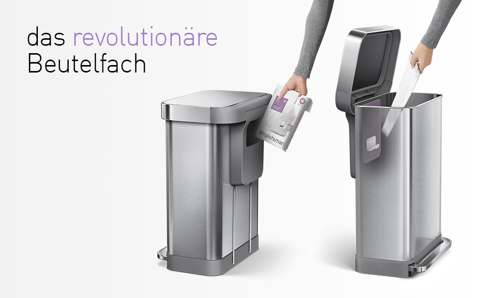 Сміттєвий бак Simplehuman 45 л з педальним приводом, прямокутний, з відділенням для пакетів, нержавіюча сталь, сірий пластиковий кришка