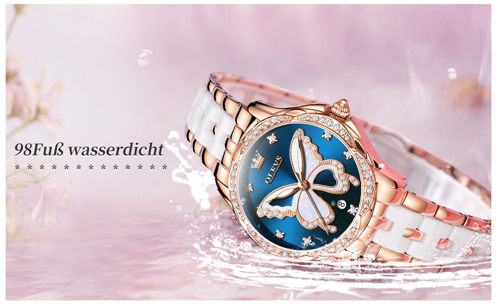 Годинник жіночий OLEVS з діамантами, елегантний, рожеве золото, керамічне скло, блакитний циферблат