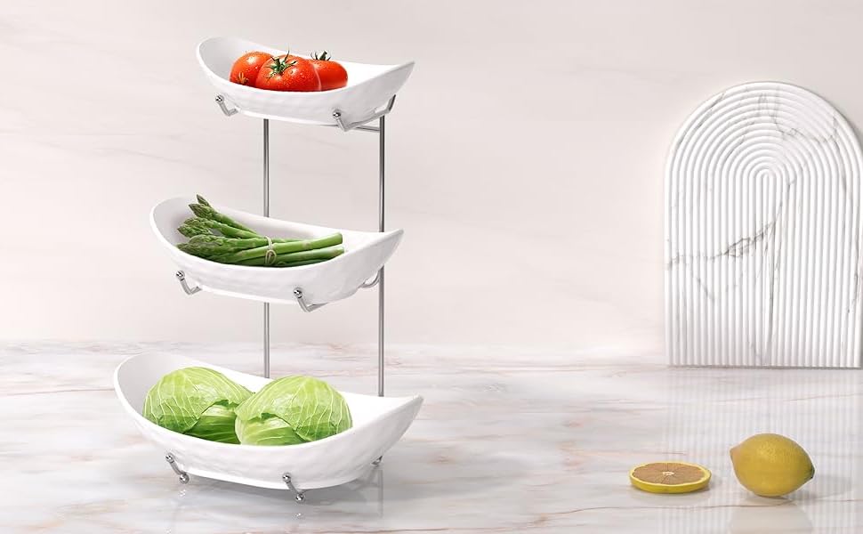 Багатоярусна фруктова тарілка Acliys 3 яруси з кераміки для кухні, зберігання фруктів, овочів, снеків, десертів