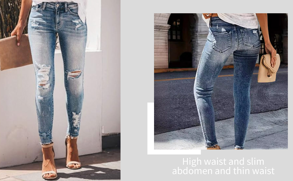 Джинси жіночі стрейч Slim з потертостями та високою талією, блакитні. Модні вузькі джинси Streetwear