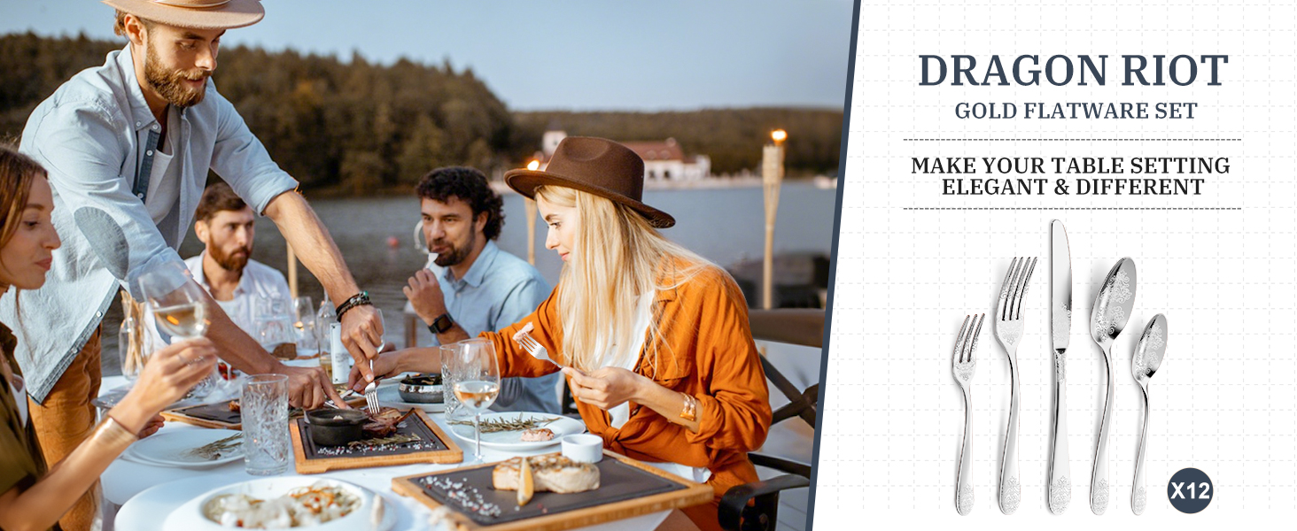 Набір столових приборів DRAGON RIOT на 6 осіб (30 предметів) з нержавіючої сталі, рожеве золото, елегантний набір ножів, виделок та ложок для дому, вечірки, ресторану. 30 предметів (сріблястий колір 60 предметів)