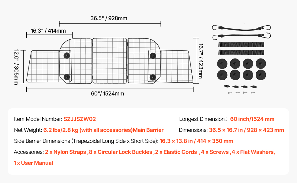 Автобар'єр для собак VEVOR - регульована перегородка, сітка (968x405 мм), захист для заднього сидіння, універсальна для SUV, позашляховиків, вантажівок, складана (93-150см*42см)