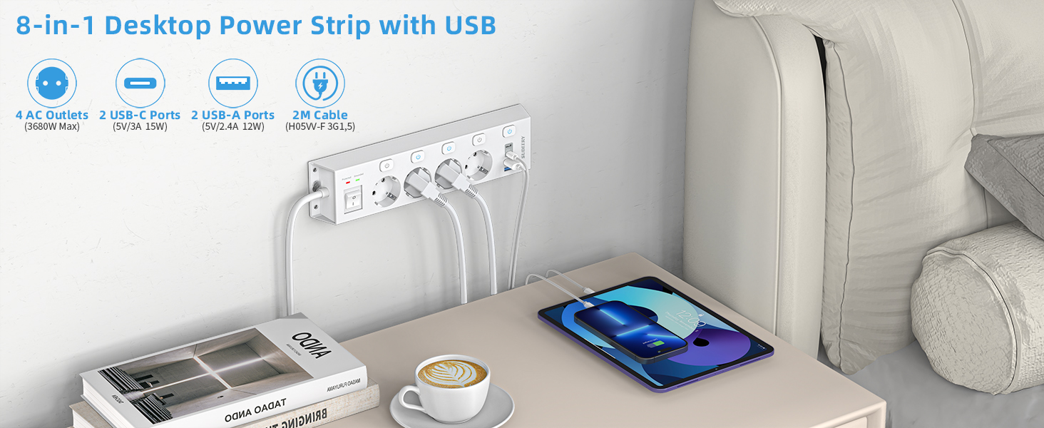 Мережевий фільтр Steckdoseleiste 5-фазний з індивідуальним вимикачем, захистом від перенапруги 1050J, для дому та офісу, кабель 2м (4 фази з USB, білий)