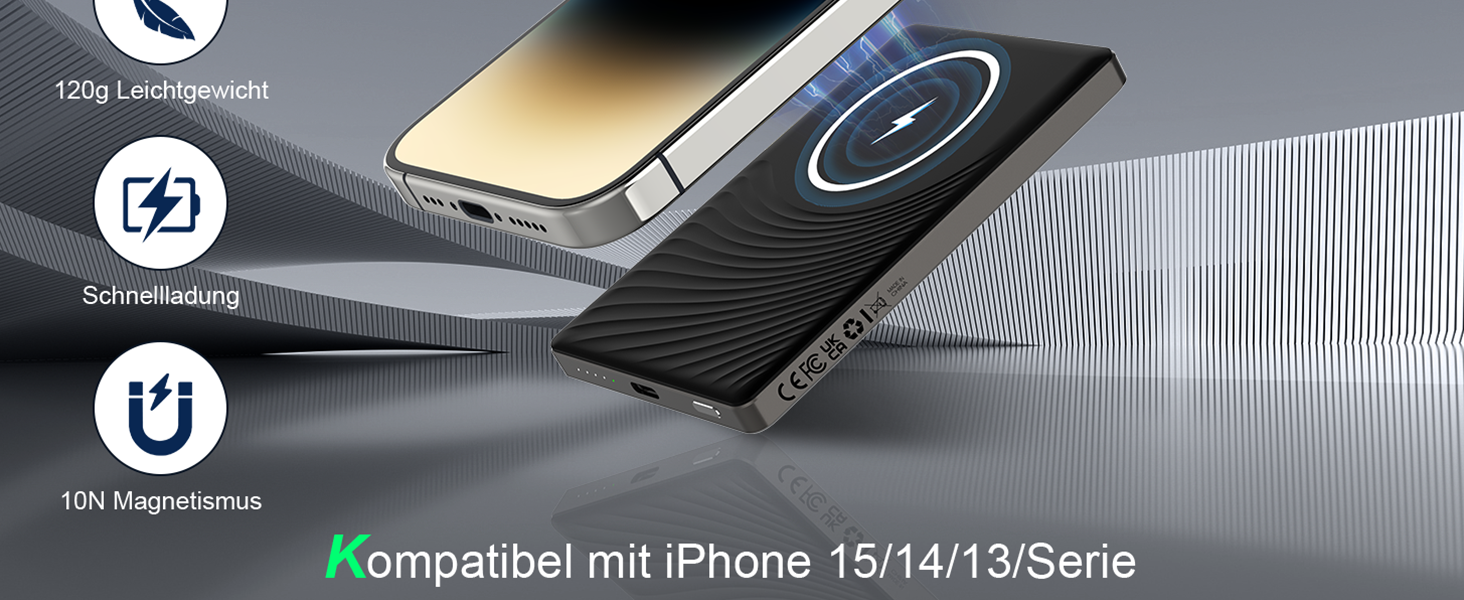 Power Bank Dbasne Магнітний 5000mAh з PD 20W та QC 3.0 для iPhone 16/15/14/13, USB-C, чорний