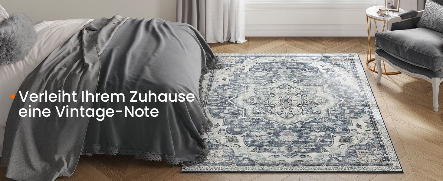 Килим SONGMICS HOME Vintage, 120 x 170 см, для вітальні, спальні, кухні, передпокою, їдальні, миючий, з антиковзаючим покриттям, сірий (TAR032G01)