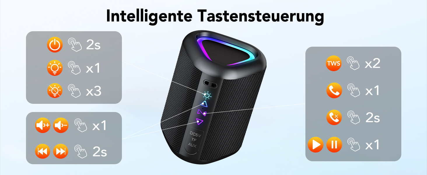 Портативна Bluetooth колонка Aowoka з підсвічуванням, 30 Вт, водонепроникна IPX7, покращений бас, для відпочинку, спорту та подорожей. Чорний коленсовий матеріал