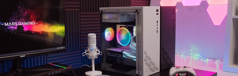Корпус для ПК Mars Gaming MC300P MicroATX, білий, загартоване скло, Mesh-панель, 3x FRGB вентилятори