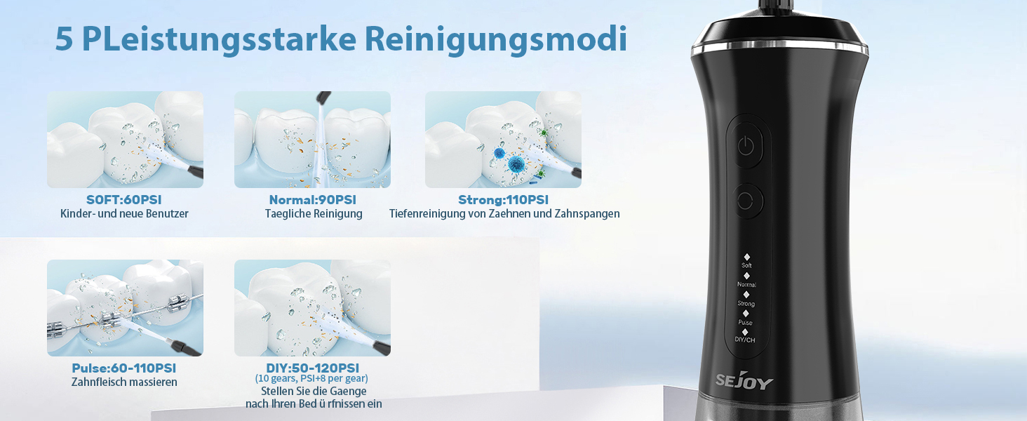 Електричний ірigator для порожнини рота Sejoy Munddusche з 5 режимами, 7 насадками, USB-C, водонепроникний IPX7, 350 мл, чорний