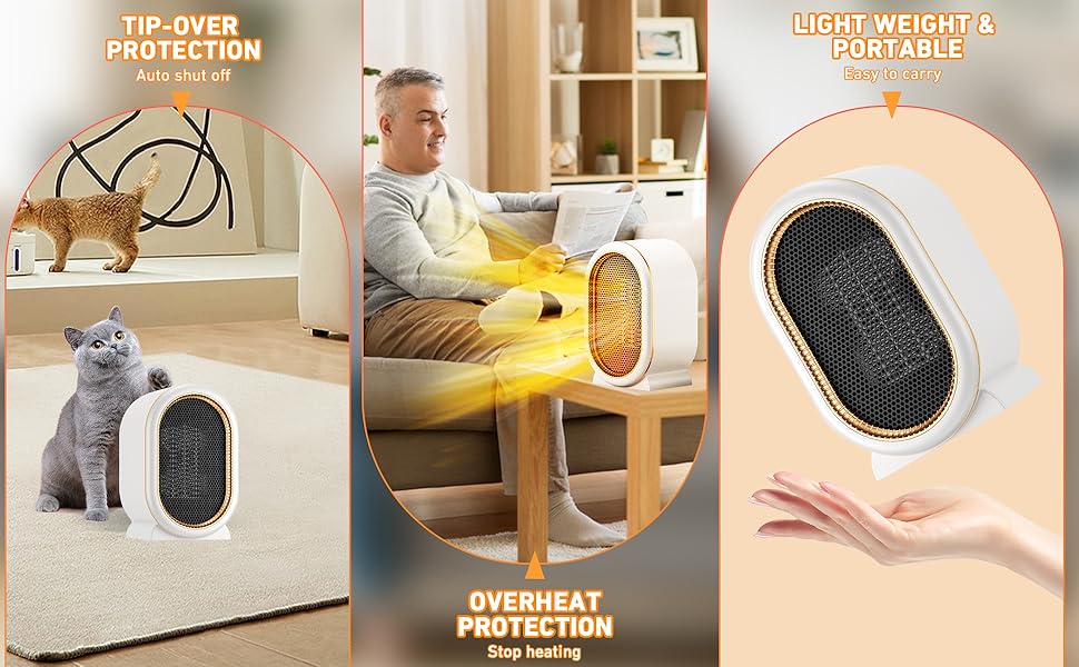 Електричний обігрівач 1200W з PTC-керамічним нагрівом, 2 режими, стабільна температура, захист від перегріву та перекидання, тихий, компактний, для дому, спальні, офісу