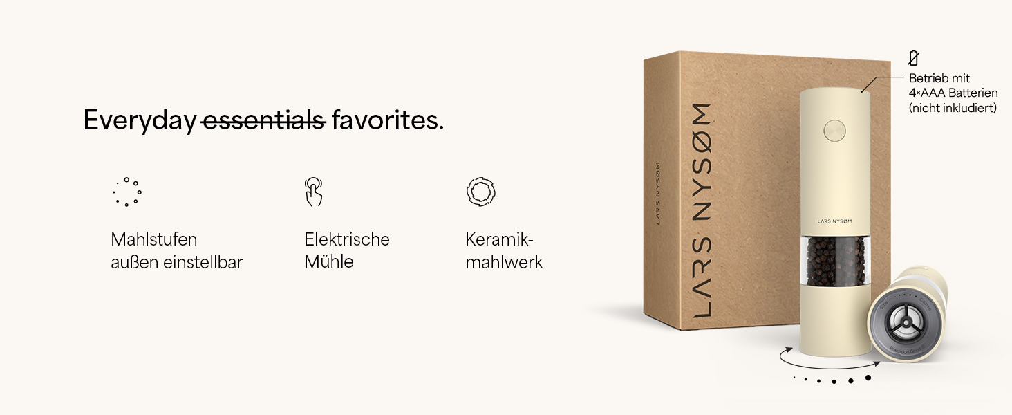 Електричні млини для солі та перцю LARS NYSØM (2 шт.) з регульованим керамічним подрібнювачем, працюють від AAA батарейок, сірий колір