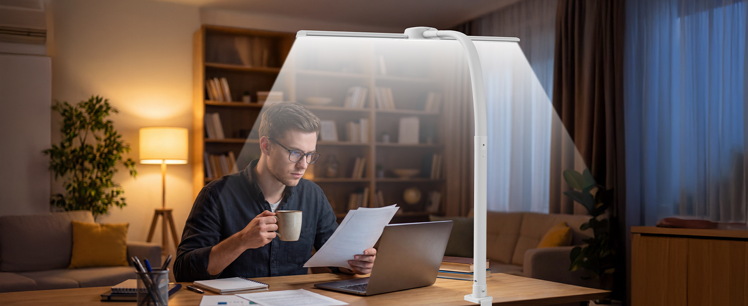 Світлодіодна настільна лампа з димером LED 24W, 1400LM, подвійний гнучкий винос, пульт, USB зарядка, білий колір T01