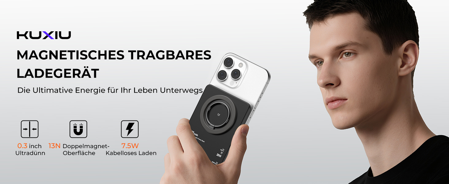 Power Bank KU XIU Magsafe 5000mAh: Тонкий, з підтримкою MagSafe, PD 20W, з кільцем-тримачем, чорний