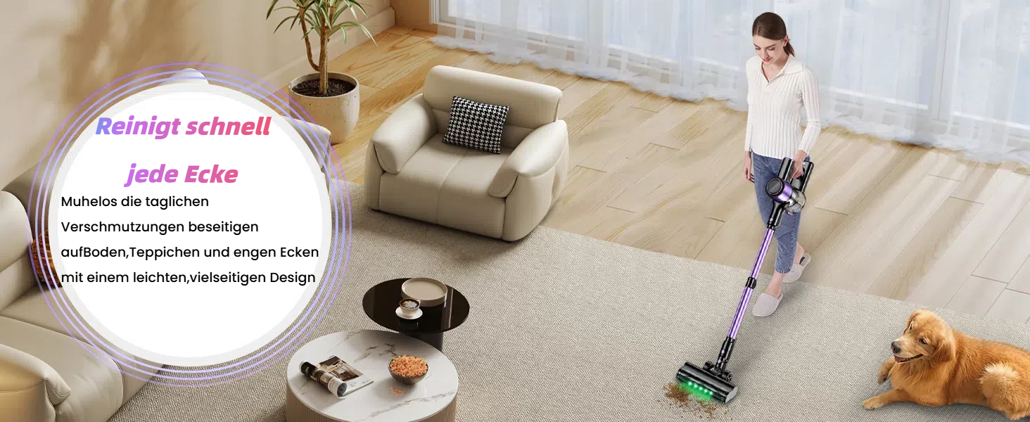 Бездротовий акумуляторний пилосос 45000 Па/500 Вт/45 хв з LED-дисплеєм та щіткою проти намотування, висувний шланг 73 см для твердих поверхонь, килимів, шерсті тварин, фіолетовий