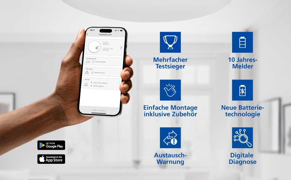 Детектор диму Hekatron Genius Plus з батареєю на 10 років, переможець тесту Stiftung Warentest, підтримка додатку, комплект 2 шт., клейкі подушки, багатомовний, вироблено в Німеччині