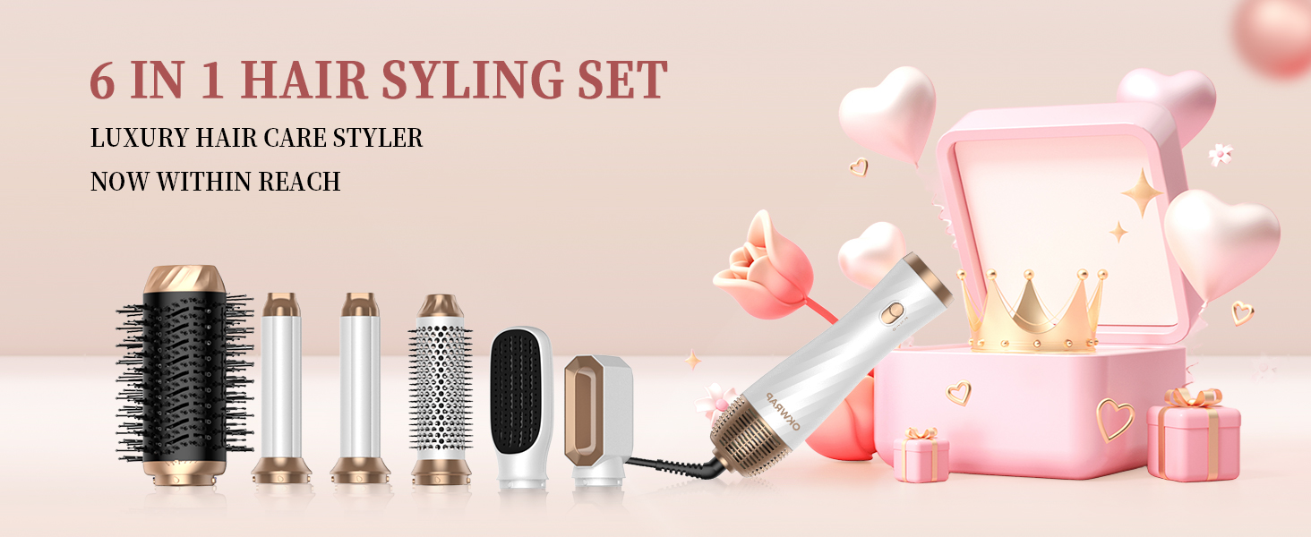 Air Styler 6 в 1: Набір для укладки волосся з фен-щіткою, дифузором та плойкою, для створення об'єму, локонів та випрямлення (сірий)