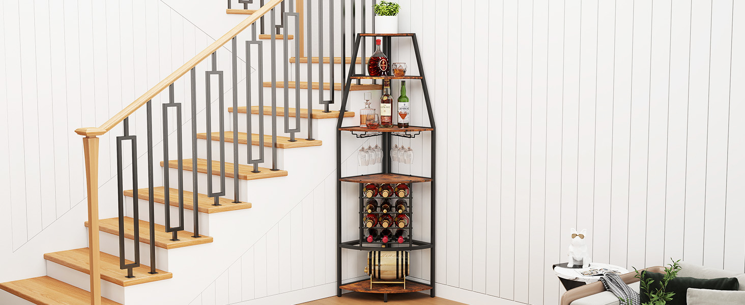 Стеллаж для вина Nisorpa на 12 пляшок, 5-ярусний кутовий, з тримачем для келихів, вінтажний коричнево-чорний