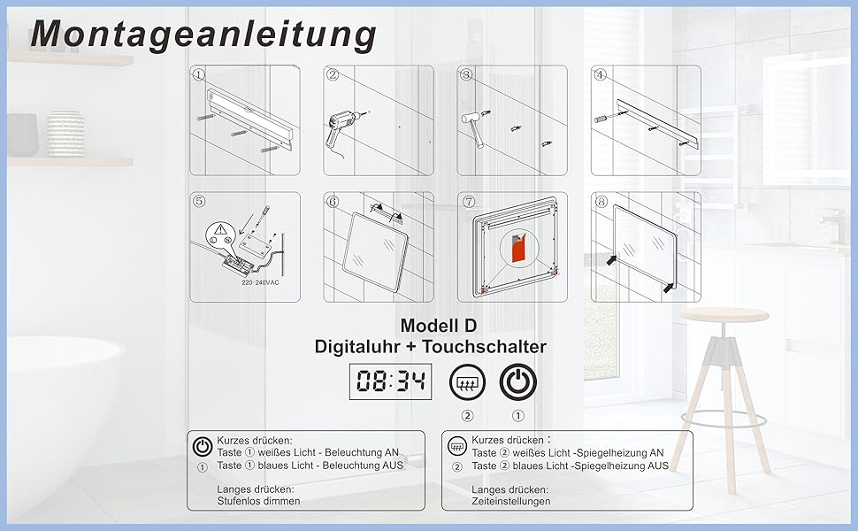 Дзеркало для ванної кімнати AQUABATOS LED 50x70 см з підсвічуванням, сенсорним вимикачем, регулюванням температури світла (6400K), IP44, CE, енергозберігаюче.