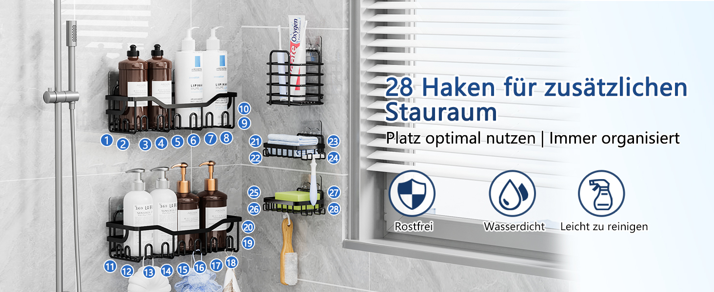 Набір з 5 полиць для душу без свердління, чорний колір. Органайзер для душу з 28 гачками, тримачем для пасти та 2 мильницею. Підходить для шампуню та інших аксесуарів для ванної кімнати.