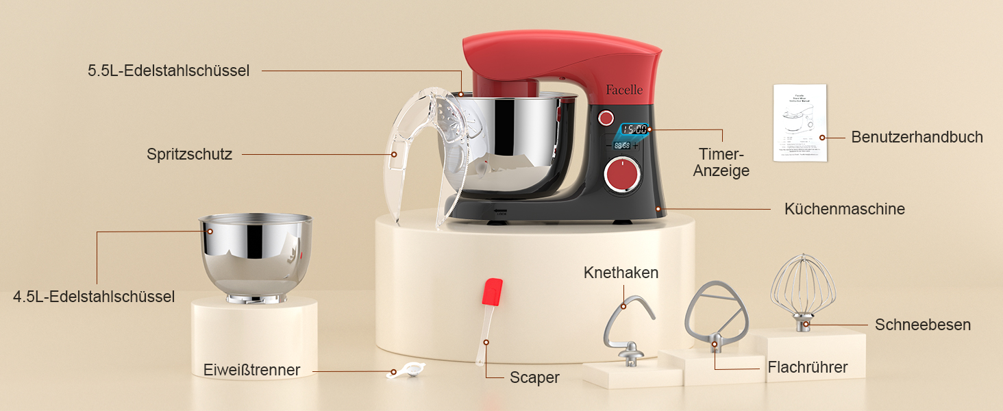 Кухонна машина-міксер Facelle 1500W з 5.5L та 4.5L чашами, 10+ програм, тиха робота, з набором насадок (червоно-сіра)