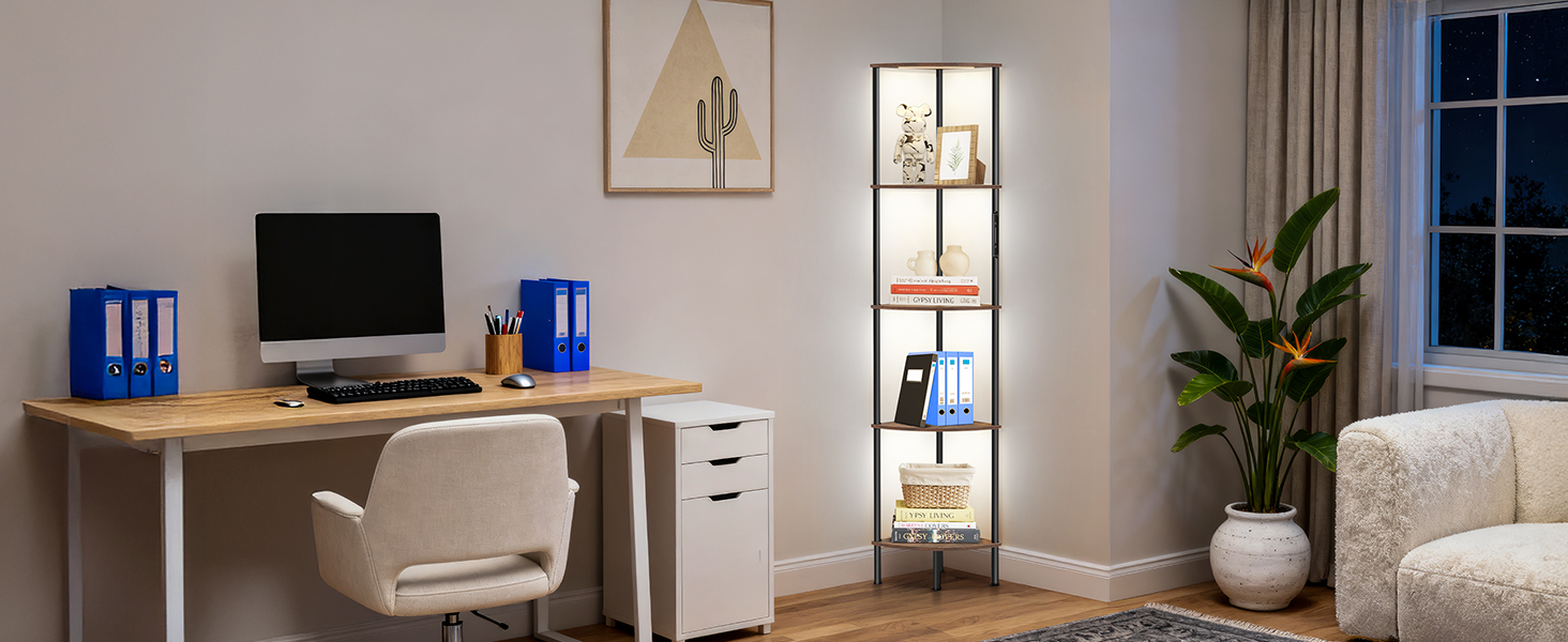 Стійка лампа OUTONLIFE з полицями, LED, 3 режими, регулювання яскравості, пульт, 5 ярусів, для вітальні, спальні, офісу, колір: Rustic Brown