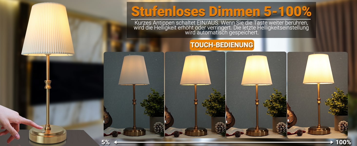 LED настільна лампа бездротова, акумуляторна, 3000mAh, торшер для спальні, вітальні, на терасу, регулювання яскравості, сенсорне управління, ретро-золотий