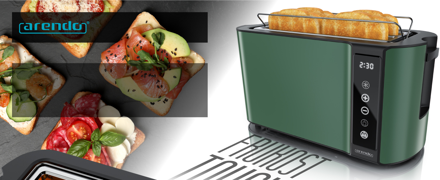 Тостер Arendo з нержавіючої сталі, 4 слоти, сенсорний екран, подвійні стінки, 1500 Вт, підставка для булочок, 7 рівнів підсмажування, центрування хліба, таймер, пам'ять, індикатор E: Green