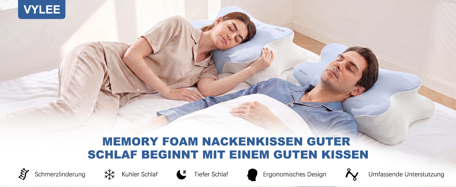 Ергономічна подушка для шиї та голови VYLEE з ефектом пам'яті (Memory Foam), подушка-метелик з двома рівнями висоти (10,5/12,5 см) для сну на боці, спині та животі, синя